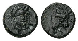Aeolis, Larissa Phrikonis. AE, 1.16 g. - 10.63 mm. ca. 4th century BC.
Obv.: Horned female head of river god facing slightly right, wearing necklace.
...