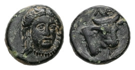 Aeolis, Larissa Phrikonis. AE, 1.31 g. - 9.80 mm. ca. 4th century BC.
Obv.: Horned female head of river god facing slightly right, wearing necklace.
R...