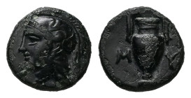 Aeolis, Myrina. AE, 0.99 g. - 10.05 mm. Circa 4th-3rd centuries BC.
Obv.: Helmeted head of Athena left.
Rev.: M-Y, Amphora.
Ref.: SNG Copenhagen 214; ...