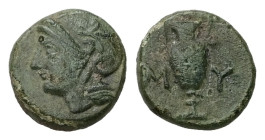Aeolis, Myrina. AE, 1.13 g. - 10.05 mm. Circa 4th-3rd centuries BC.
Obv.: Helmeted head of Athena left.
Rev.: M-Y, Amphora.
Ref.: SNG Copenhagen 214; ...