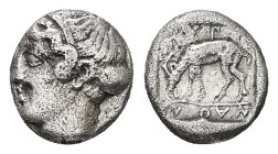 Aeolis, Myrina. AR Diobol, 1.15 g. - 10.25 mm. 4th century BC.
Obv.: Head of nymph left, hair in sakkos.
Rev.: MYPI-NAΩN, Stag grazing left; within ...