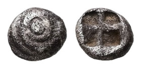 Asia Minor, Uncertain mint (probably Caria). AR Hemiobol, 0.29 g. - 5.37 mm. 6th century BC.
Obv.: Spiral pattern. (human eye).
Rev.: Quadripartite in...