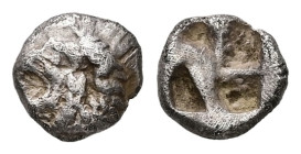 Asia Minor, Uncertain. AR Hemiobol, 0,54 g. - 7.73 mm. Circa 6th-5th centuries BC.
Obv.: Head of roaring lion left.
Rev.: Quadripartite incuse square....