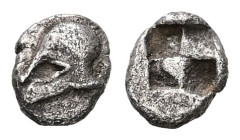 Asia Minor, Uncertain. AR Hemiobol, 0.36 g. - 7.33 mm. Late 6th-early 5th centuries BC.
Obv.: Helmet left.
Rev.: Quadripartite incuse square.
Ref.: SN...