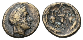 Bithynia, Kios. AE, 2.70 g. - 14.69 mm. ca. 3rd century BC.
Obv.: Head of Mithras right, wearing a laureate tiara.
Rev.: K-I. Kantharos with two grape...