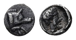 Caria, Euromos. AR Tetartemorion, 0.26 g. - 5.94 mm. 5th century BC.
Obv.: Forepart of a boar moving to right.
Rev.: Bearded male head - Zeus Lepsynos...