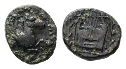 Caria, Halikarnassos. AE, 0.66 g. - 9.55 mm. Circa 400-367 BC.
Obv.: Forepart of Pegasos right.
Rev.: Kithara between two laurel branches. 
Ref.: Klei...