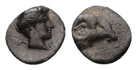 Caria, Kasolaba. AR Hemiobol, 0.38 g. - 7.42 mm. 4th century BC.
Obv.: Young male head right; Carian letters below chin and behind.
Rev.: Head of ram ...