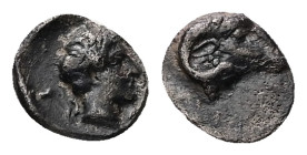 Caria, Kasolaba. AR Hemiobol, 0.43 g. - 8.37 mm. 4th century BC.
Obv.: Young male head right; behind, carian letter.
Rev.: Head of ram right, below, A...