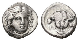 Caria, Rhodes. AR Hemidrachm, 1.57 g. - 12.23 mm. Circa 340-316 BC.
Obv.: Head of Helios facing slightly right.
Rev.: P - O, Rose with bud to right; t...