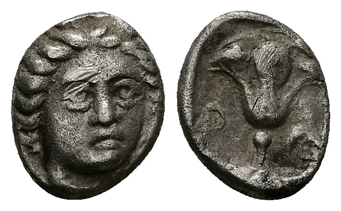 Caria, Rhodes. AR Hemidrachm, 1.83 g. - 12.47 mm. Circa 408/7-394 BC.
Obv.: Head...