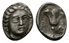 Caria, Rhodes. AR Hemidrachm, 1.83 g. - 12.47 mm. Circa 408/7-394 BC.
Obv.: Head of Helios facing slightly right.
Rev.: P - O. Rose.
Ref.: Ashton 19; ...