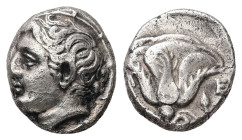 Caria, Uncertain. AR Drachm, 3.34 g. - 14.42 mm. Circa 360-340 BC. Pseudo-Rhodian type.
Obv.: Head of Helios left within solar disc.
Rev.: Rose with b...