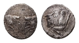 Caria, Uncertain. AR Hemiobol, 0.34 g. - 6.88 mm. 5th century BC.
Obv.: Confronted foreparts of two bulls.
Rev.: Forepart of bull left.
Ref.: SNG Kayh...