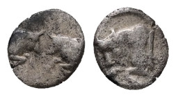 Caria, Uncertain. AR Hemiobol, 0.40 g. - 7.71 mm. 5th century BC.
Obv.: Confronted foreparts of two bulls.
Rev.: Forepart of bull left.
Ref.: SNG Kayh...