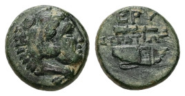 Ionia, Erythrai. AE, 1.92 g. - 12.53 mm. 4th century BC. Stratiotes, magistrate.
Obv.: Head of Herakles right, wearing lion skin.
Rev.: EPY / ΣTΡATIΩ[...