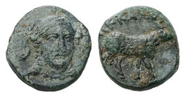 Ionia, Klazomenai. AE, 1.46 g. - 11.40 mm. Circa 386-301 BC. Mikkalos, magistrate.
Obv.: Head of Athena facing, slightly right, wearing laureate and t...