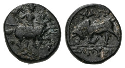 Ionia, Magnesia ad Maeandrum. AE, 3.00 g. - 13.86 mm. ca. 4th-3rd century BC. Zopyrio-, magistrate.
Obv.: Galloping warrior on horseback right, attack...