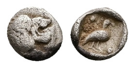 Ionia, Miletos, AR Tetartemorion, 0.27 g. - 6.23 mm. Circa 600-500 BC.
Obv.: Head of roaring lion right.
Rev.: Eagle standing right; pellet above and ...