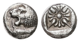 Ionia, Miletos. AR Obol or Hemihekte, 1.08 g. - 8.73 mm. Late 6th-early 5th centuries BC.
Obv.: Forepart of lion right, head left.
Rev.: Stellate flor...