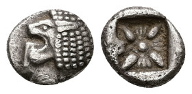 Ionia, Miletos. AR Obol or Hemihekte, 1.09 g. - 9.73 mm. Late 6th-early 5th centuries BC.
Obv.: Forepart of lion right, head left.
Rev.: Stellate flor...