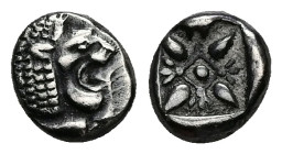 Ionia, Miletos. AR Obol or Hemihekte, 1.09 g. - 9.97 mm. Late 6th-early 5th century BC.
Obv.: Forepart of lion left, head right.
Rev.: Stellate floral...