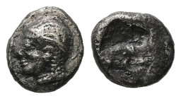 Ionia, Phokaia. AR Diobol, 1.07 g. - 9.48 mm. Circa 521-478 BC.
Obv.: Archaic female head left, wearing earring and helmet or close fitting cap.
Rev.:...