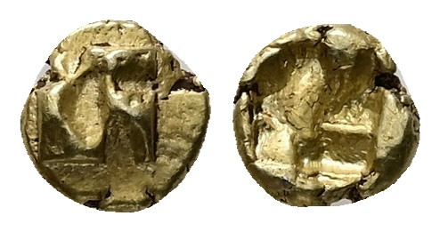 Ionia, Uncertain. EL 1/24 Stater, 0.78 g. - 7.02 mm. Circa 625-600 BC.
Obv.: Rai...