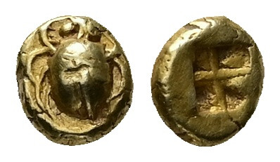 Ionia, Uncertain. EL 1/24 Stater. 0.62 g. - 6.14 mm. Circa 600-550 BC.
Obv.: Sc...