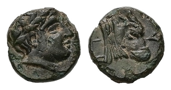 Lesbos, Mytilene. AE, 0.63 g. - 8.40 mm. Circa 4th century BC.
Obv.: Laureate he...