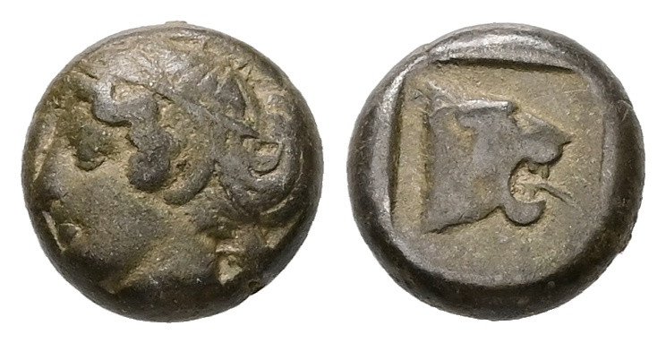 Lesbos, Mytilene. BI Diobol, 1.88 g. - 10.68 mm. Circa 480-400 BC.
Obv.: Head of...