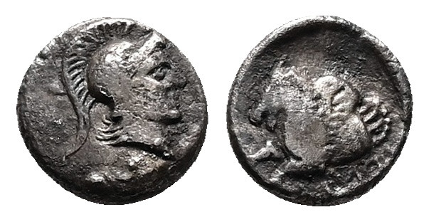 Mysia, Adramytion. Orontes, Satrap of Mysia. AR Obol, 0.61 g. - 8.83 mm. Circa 3...