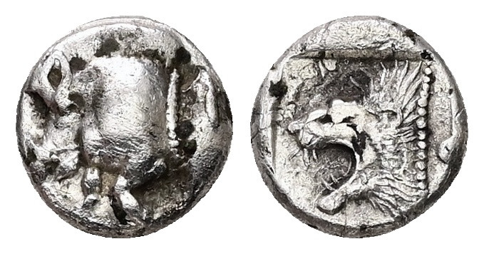 Mysia, Kyzikos. AR Diobol, 1.01 g. - 9.89 mm. Circa 450-400 BC.
Obv.: Forepart o...