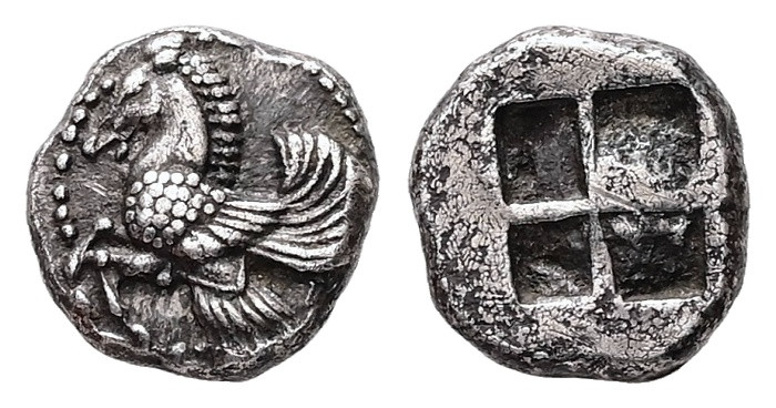 Mysia, Lampsakos. AR Diobol, 1.28 g. - 10.51 mm. Circa 500-450 BC.
Obv.: Forepar...