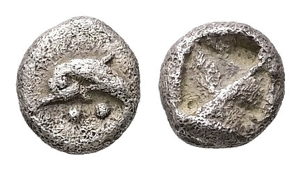 Thrace, Thasos. AR Obol, 0.38 g. - 6.19 mm. Circa 500-480 BC.
Obv.: Dolphin swim...