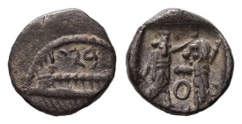 Phoenicia, Sidon. AR 1/16 Shekel, 0.74 g. - 9.92 mm. Ba`alšillem (Sakton) II, circa 401-365 BC.
Obv.: Phoenician galley to left; Phoenician B above, w...