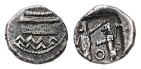 Phoenicia, Sidon. AR 1/16 Shekel, 0.87 g. - 9.09 mm. Ba`alšillem (Sakton) II, circa 401-365 BC.
Obv.: Phoenician galley to left; Phoenician [B] above,...