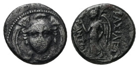 Seleukid Kingdom, Antiochos I Soter. AE, 2.18 g. - 14.12 mm. 281-261 BC. Smyrna or Sardes mint.
Obv.: Facing bust of Athena, wearing triple-crested he...