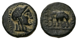Seleukid Kingdom, Antiochos III ‘the Great’, AE, 1,92 g. - 12.67 mm. 222-187 BC. Sardes.
Obv.: Laureate head of Apollo to right.
Rev.: ΒΑΣΙΛΕΩΣ ΑΝΤΙΟΧ...