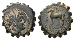 Seleukid Kingdom, Antiochos VI Dionysos. AE, Serrate 3.26 g. - 15.03 mm. 144-142 BC. Uncertain mint, probably Ake-Ptolemaïs.
Obv.: Radiate and diademe...