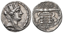 Seleucis and Pieria, Seleuceia Pieria. AR Tetradrachm, 14.10 g. - 29.43 mm. 105/4-83/2 BC. Dated CY 12 = 98/97 BC.
Obv.: Veiled, turreted and draped b...