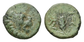 Thrace, Lysimacheia, AE, 0,87 g. - 10.40 mm. Circa 225-199/8 BC.
Obv.: Lion head to right.
Rev.: ΛΥ-ΣΙ, Barley ear.
Ref.: BMC 19; CNG Mail Bid Sale...