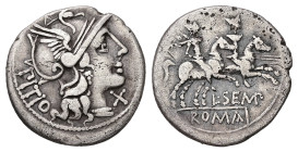 L. Sempronius Pitio, 148 BC. AR, Denarius. 3.38 g. 19.19 mm. Rome.
Obv: PITIO. Head of Roma, right, wearing winged helmet and pearl necklace; to right...