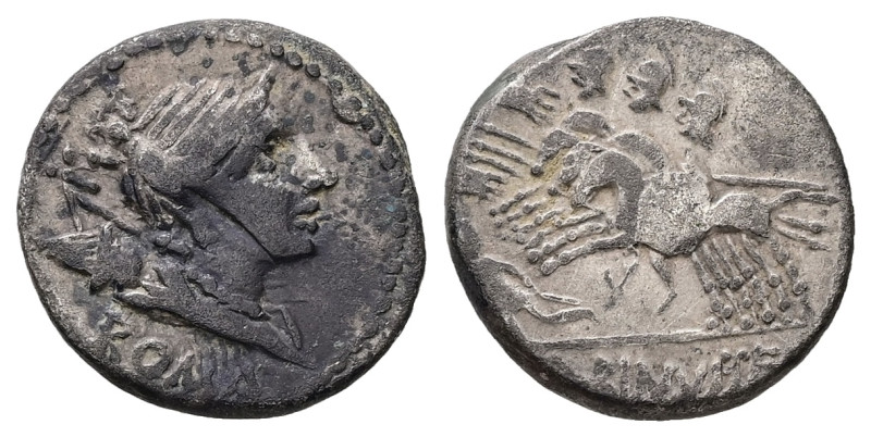 A. Albinus Sp.f, 96 BC. AR, Denarius. 3.83 g. 18.76 mm. Rome.
Obv: ROMA. Bust of...