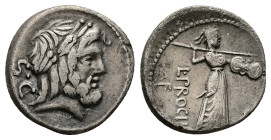 L. Procilius, 80 BC. AR, Denarius. 3.68 g. 18.52 mm. Rome.
Obv: S C. Laureate head of Jupiter, right.
Rev: L·PROCILI, F. Juno Sospita standing right, ...