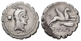 L. Papius, 79 BC. AR, Denarius. 3.73 g. 20.21 mm. Rome.
Obv: Head of Juno Sospita, right; control symbol behind.
Rev: L•PAPI. Griffin springing to rig...