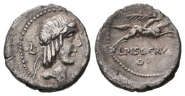 C. Piso L.f. Frugi, 67 BC. AR, Denarius. 3.74 g. 18.19 mm. Rome.
Obv: Laureate head of Apollo, right; before X.
Rev: L PISO FRVGI. Warrior, holding re...