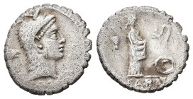 L. Roscius Fabatus, 59 BC. AR, Denarius. 3.70 g. 18.52 mm. Rome.
Obv: L·ROSCI. Head of Juno Sospita, right, wearing goat-skin.
Rev: FABATI. Female sta...