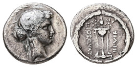 L. Torquatus, 58 BC. AR, Denarius. 2.58 g. 17.94 mm. Rome.
Obv: [SIBVLLA]. Head of Sibyl, right, wearing ivy-wreath. 
Rev: L·TORQVAT III·VIR. Tripod, ...