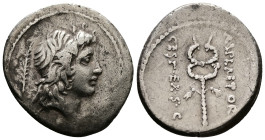 M. Plaetorius M.f. Cestianus, 57 BC. AR, Denarius. 3.98 g. 18.61 mm. Rome.
Obv: Male head, right, with flowing hair.
Rev: M·PLAETORI CEST·EX·S·C. Wing...
